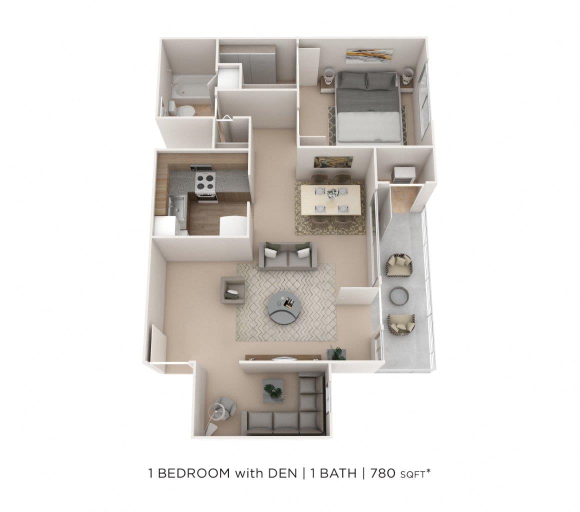 Floor plan for 1 bed, 1 bath, 800 sqft